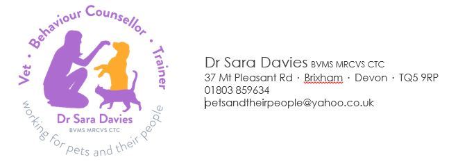 The business logo for Dr Sara Davies BVMS MRCVS CTC - vet, behaviour counsellor & trainer working for pets and their people - and contact information: 37 Mt Pleasant Rd, Brixham, Devon, TQ5 9RP; 01803 859634; petsandtheirpeople@yahoo.co.uk