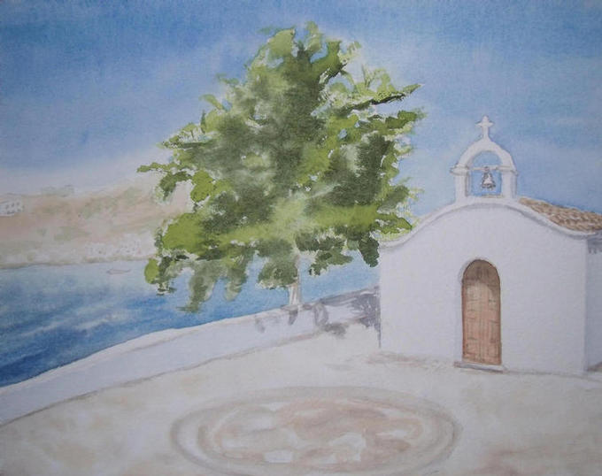 St.Paul`s in Lindos - art by E.J Wilcock