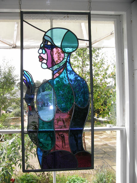 Leaded picture of woman 2, in polish antique glass, supplied with chain, 40cm(w)x90cm(h), 