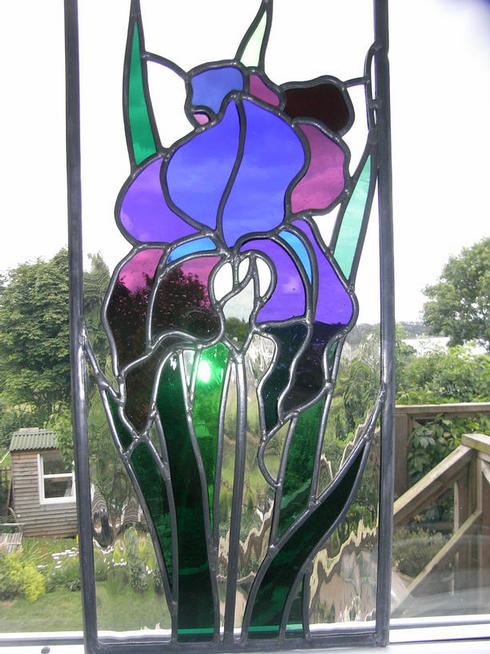 Door Panel, 20cm widex45cm high, Iris, in polish antique glass, clear waterglass as backround, comission, 