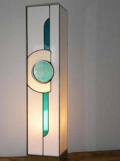 light on ash base, turquoise glass globe with turquoise stripe and white part circle