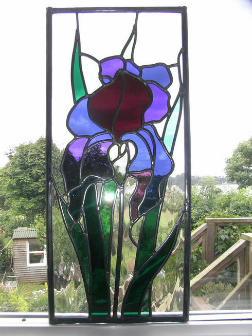 Door panel, comission, Iris in polish antique glass, backround clear waterglass, 20cm widex45cm high, 
