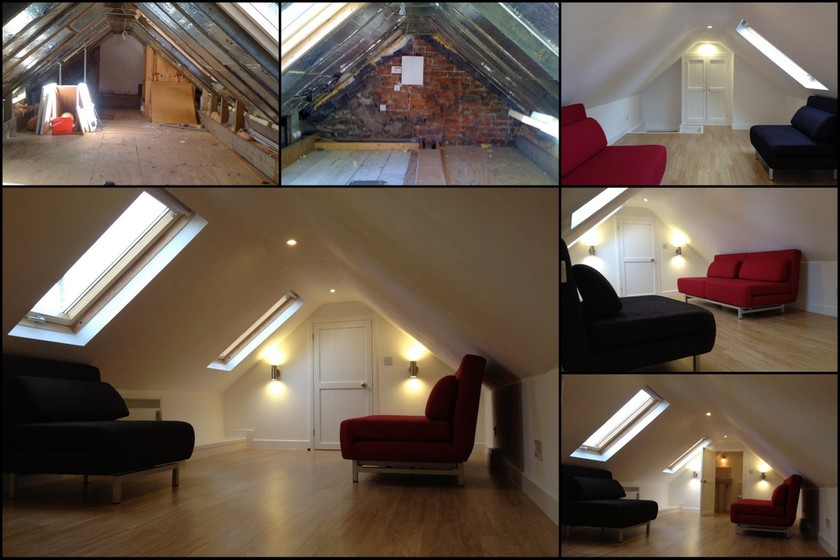 before and after pictures of a contempory styled loft room.