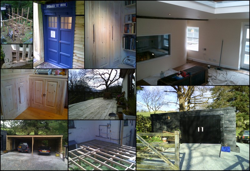 some recent projects including timber garage, large wooden decking and 'Tardis' doors.