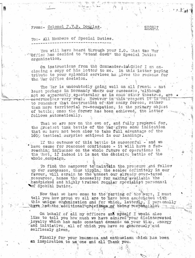 Thanks letter for Special Duties Secret Wartime