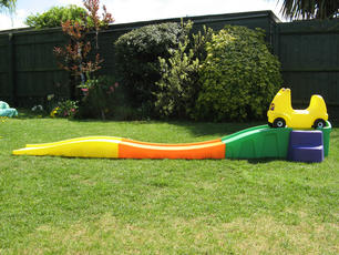 View of roller coaster track and car