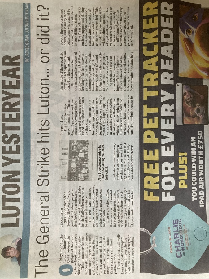 News article researching Luton's role in the General Strike