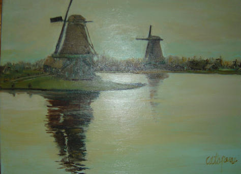 Windmills on a canal  Oil/Canvas