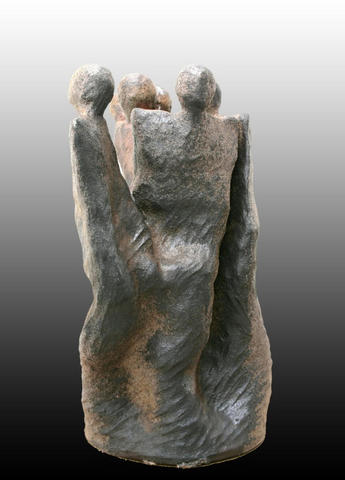 A Figure group, shuffling closely together. The piece is wood fired to around 1300 degrees Celsius, and is therefore frost proof.