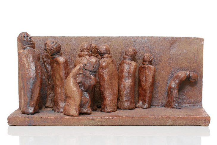 Based on an etching by Goya, this si a ceramic relief with several figures some with noses in the air trying to be superior whilst one figure is moving away in disgrace and another seems about to be excluded also.