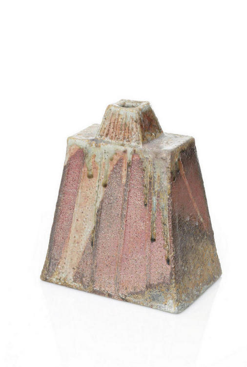 A tapered slab bottle form with a tapered added neck, has the look of Aztec architecture