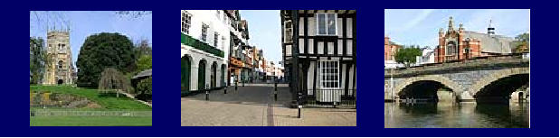 Views of Evesham, Worcestershire, the Bell Tower, Black and White Building in Town Centre, and the Workman Bridge