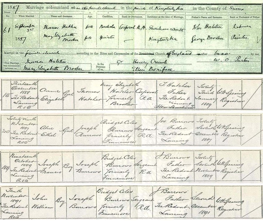 A marriage, and four birth, certificates for Shoreham Fort soldiers, members of the Coast Brigade