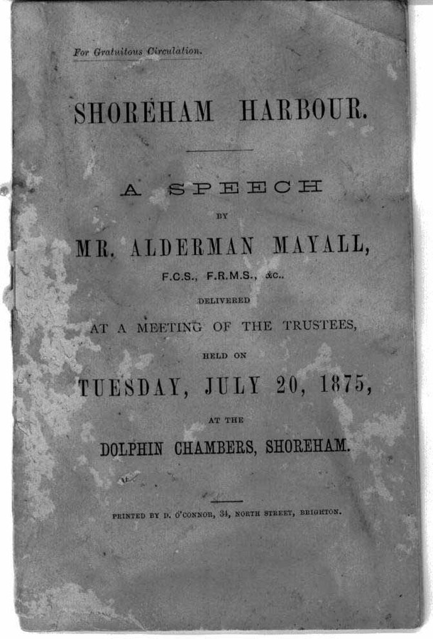 The front cover of J.J.E.Mayalls address to the trustees and shareholders of Shoreham Harbour, 20th July 1875