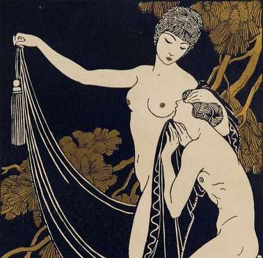 New in "FFA, Part 3" - An ORIGINAL POCHOIR, Printed in BLACK and GOLD, from “DIX-SEPT DESSINS SUR LE CANTIQUE DES CANTIQUES" [The Song of Songs], Paris, 1914, by GEORGE BARBIER,