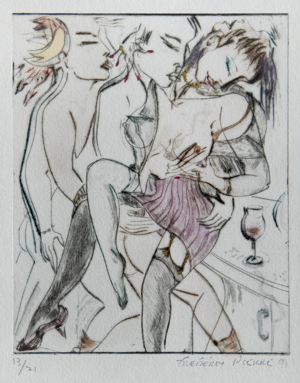 "Meme Les Dieux ont Envie de Toi" ["Even The Gods Want You"] - limited edition EROTIC dry-point by FREDERIC PIERRE, with hand-colouring and gold highlights, ONE OF 21 COPIES ONLY (one from the complete suite of 5 illustrated)