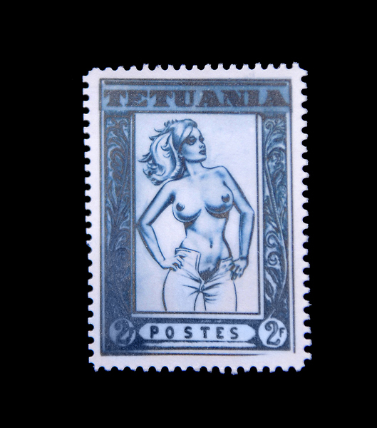 EROTIC POSTAGE STAMP (here MUCH enlarged) by (?) ROBERT WATTS. One of 3 Showing, all overprinting the original, once issued in 1908 in Tetuan, SPANISH MOROCCO, indistinctly SIGNED at verso