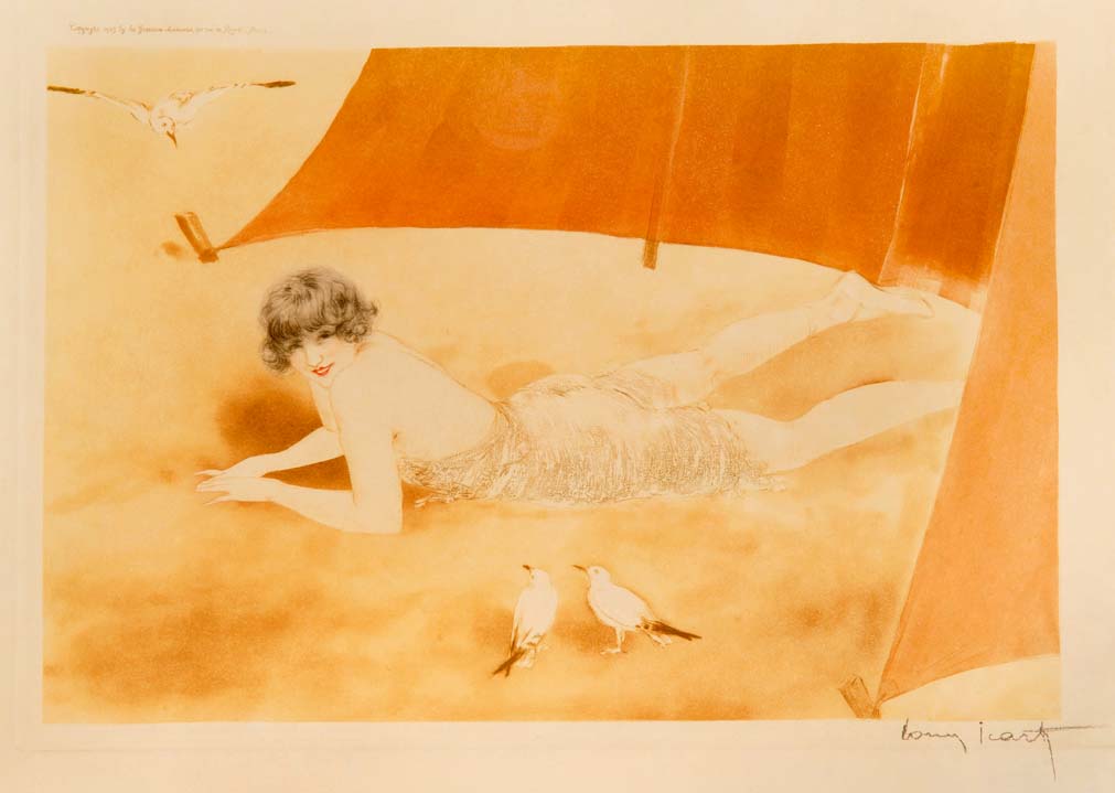 "Sur La Sable" by LOUIS ICART, final PROOF limited edition aquatint, SIGNED in pencil, and INSCRIBED beneath the mount in Pencil by ICART: "C'est bon pour 350 exemplaires. Louis Icart"