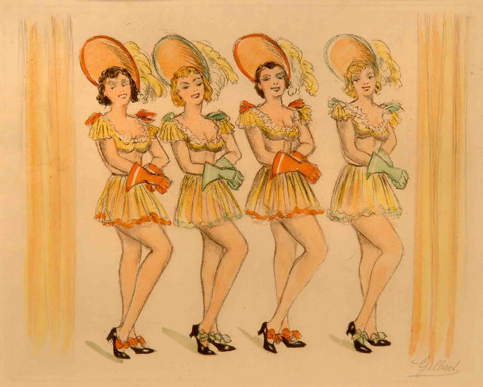 "The Chorus Line": an original hand-stencilled "pochoir" by "Gilbert", circa 1920, mounted. PRICE: 