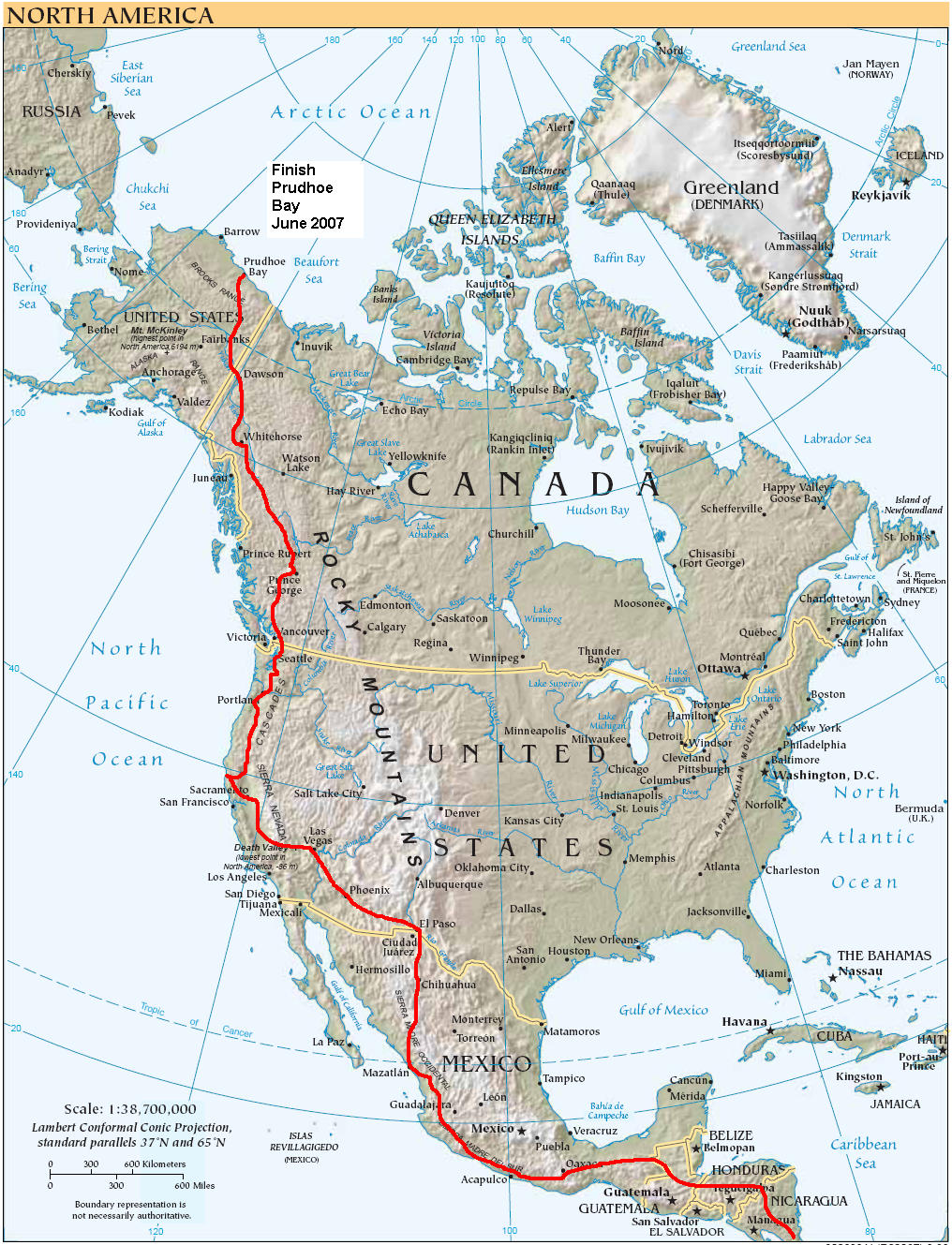 Very, very rough proposed route for North and Central America. The actual route will vary depending on the following: punctures; who I meet; who I don't meet; how hilly it is; bears; the weather; whether there is actually a road etc.