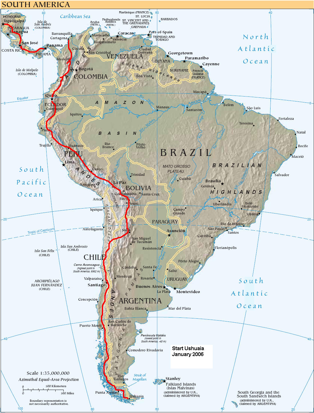 Very, very rough proposed route for South America. The actual route will vary depending on the following: punctures; who I meet; who I don't meet; how hilly it is; bears; the weather; whether there is actually a road, etc.