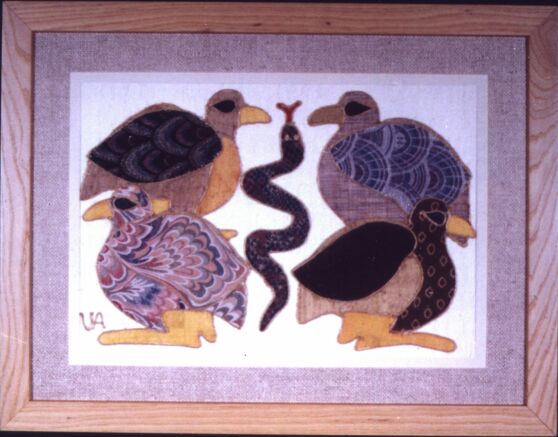 "Four Birds & a Snake"     Mixed media