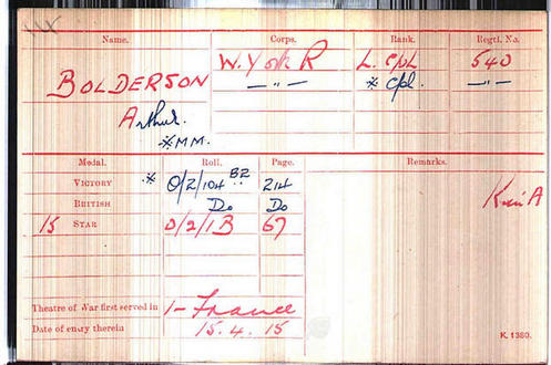 Arthur Boldison medal index card