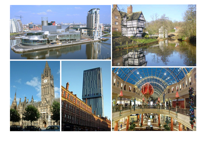 Salford Quays, Worsley, Trafford Centre, Beetham tower, Manchester Town Hall