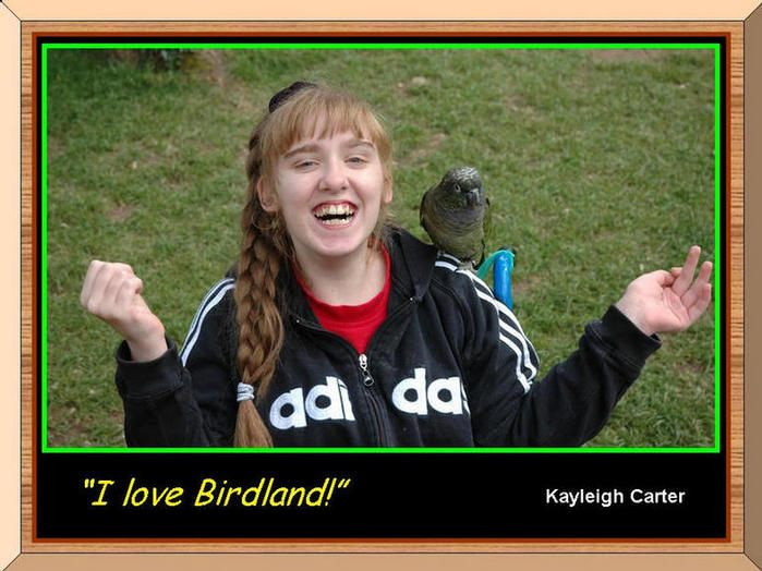 Kayleigh Carter with parrot on wheelchair.