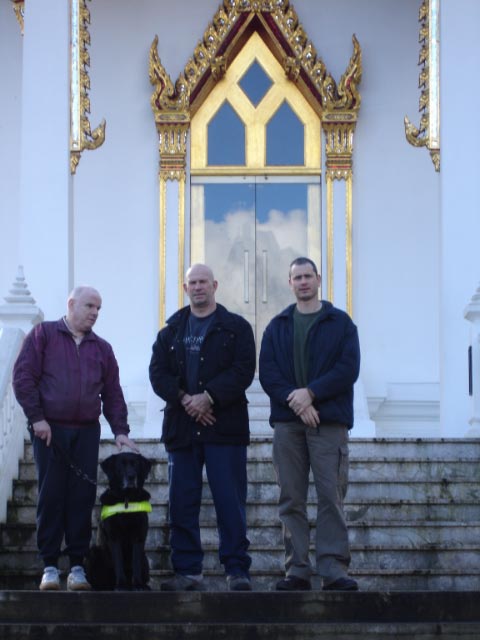 Sensei Steve Fyffe with Griffin, Sensei Mike Selvey and Sensei Glenn Coxon at the Budahpadipa Temple, Wimbledon. Feb 07.